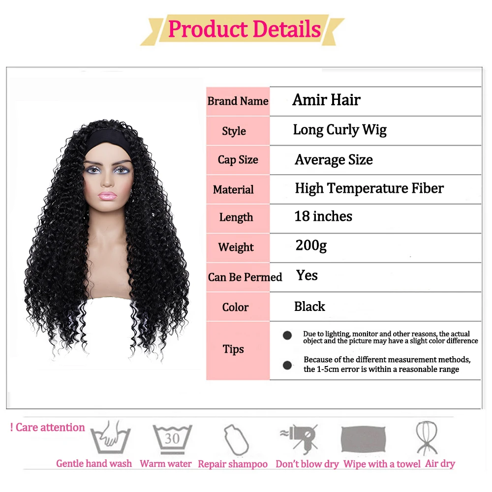 

Amir Long Curly Headband Hair Wigs Soft Black Synthetic Wig For Women Daily Scarf Heat Resistant