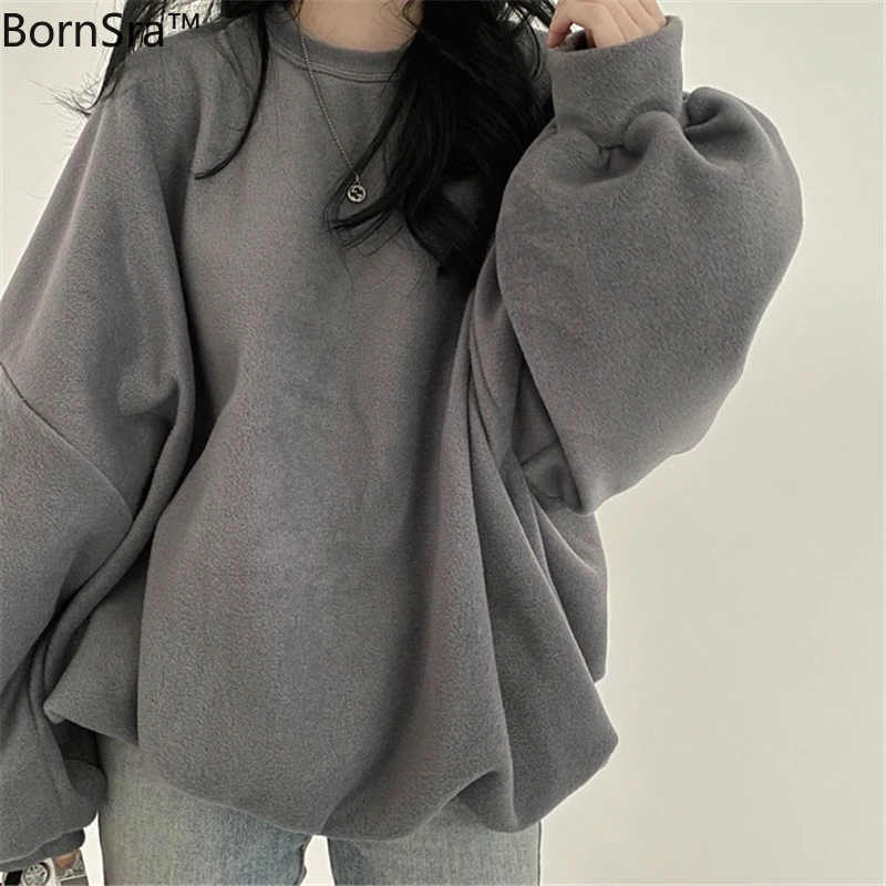 

bornsra Chic Loose O-Neck Sweatshirt Pullover Soft Solid Retro Fashion Puff Sleeves Oversize Warm Casual Women Female Tops