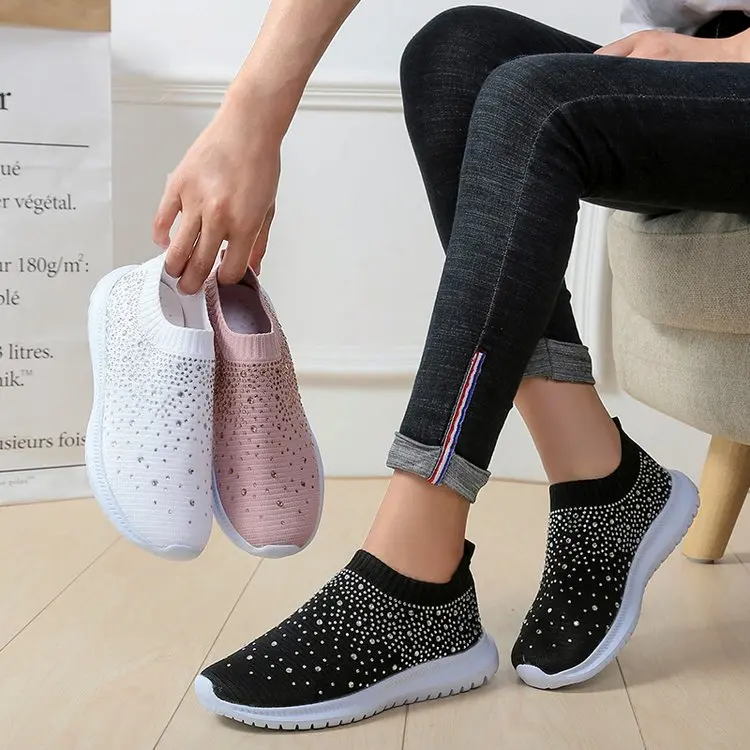 black women casual shoes 2019 sneakers fashion rhinestone breathable mesh platform white sport woman soft footwears | Обувь