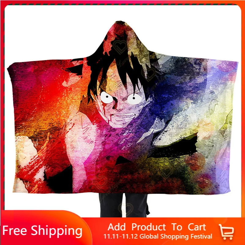 

Anime One Piece 3D Printing Flannel Fleece Blanket Adult Fashion Quilts Home Office Nap Washable Casual Kids Hooded Blanket