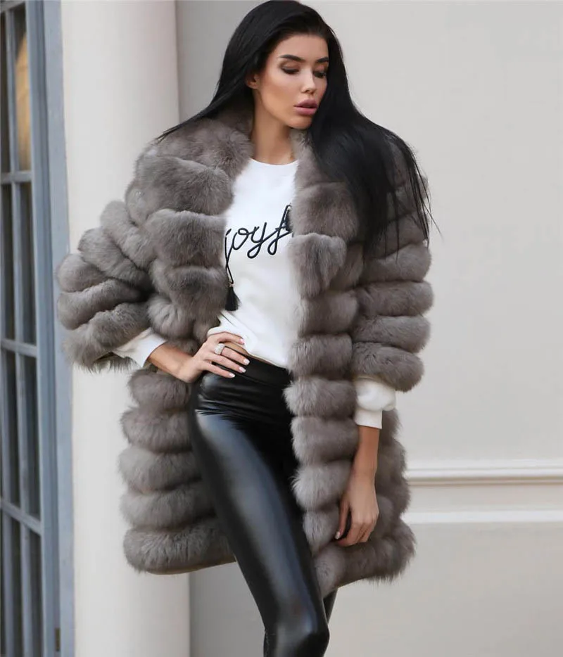 80cm coat length Новое натуральное пальто из натурального Лисьего меха зимняя женская длинная стильная натуральная меховая куртка женская качественная натуральный мех лисы пальто - Цвет: 80cm coat length