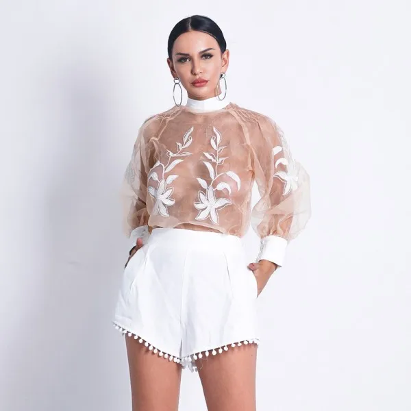 

CY Spring 2020 new style ladies sexy see-through embroidery chiffon shirt temperament slim suit two-piece pants