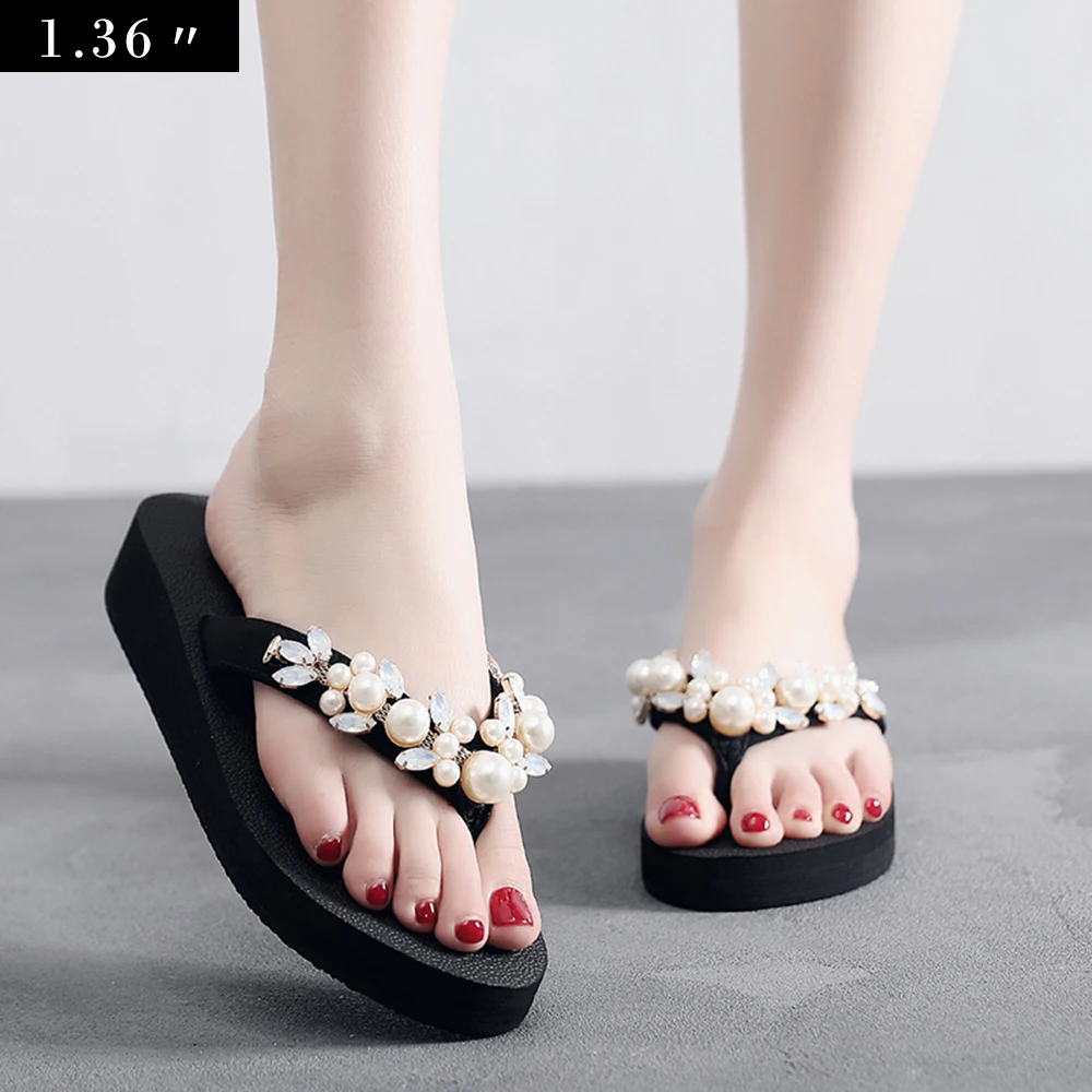 

Bohemia Women Slippers Summer Beach Casual Shoes Crystal Pearl Wedges Slipper Wedge Platform Beach Shoes