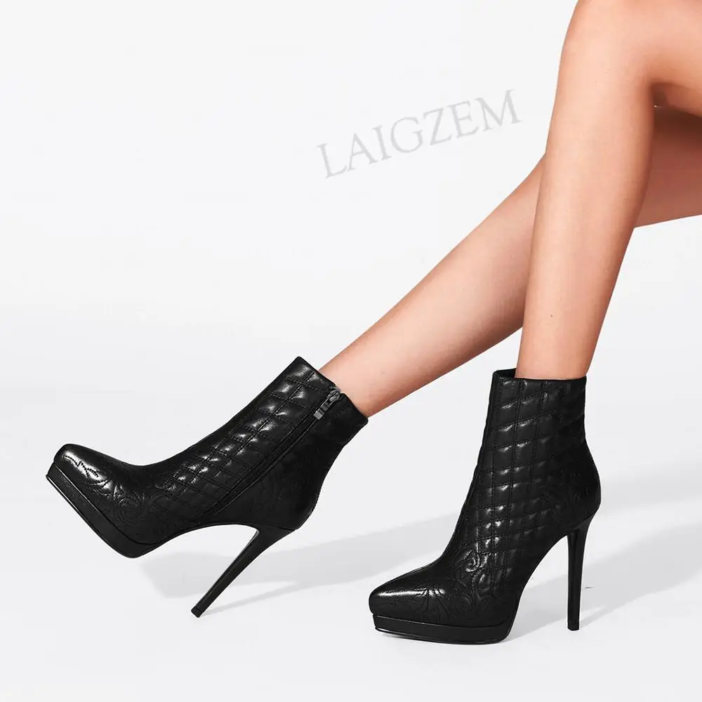 

LAIGZEM качественные женские ботильоны; Женские ботинки из натуральной кожи, Stitich на высоком каблуке 11 см, обувь на высоком каблуке; Женские туф...