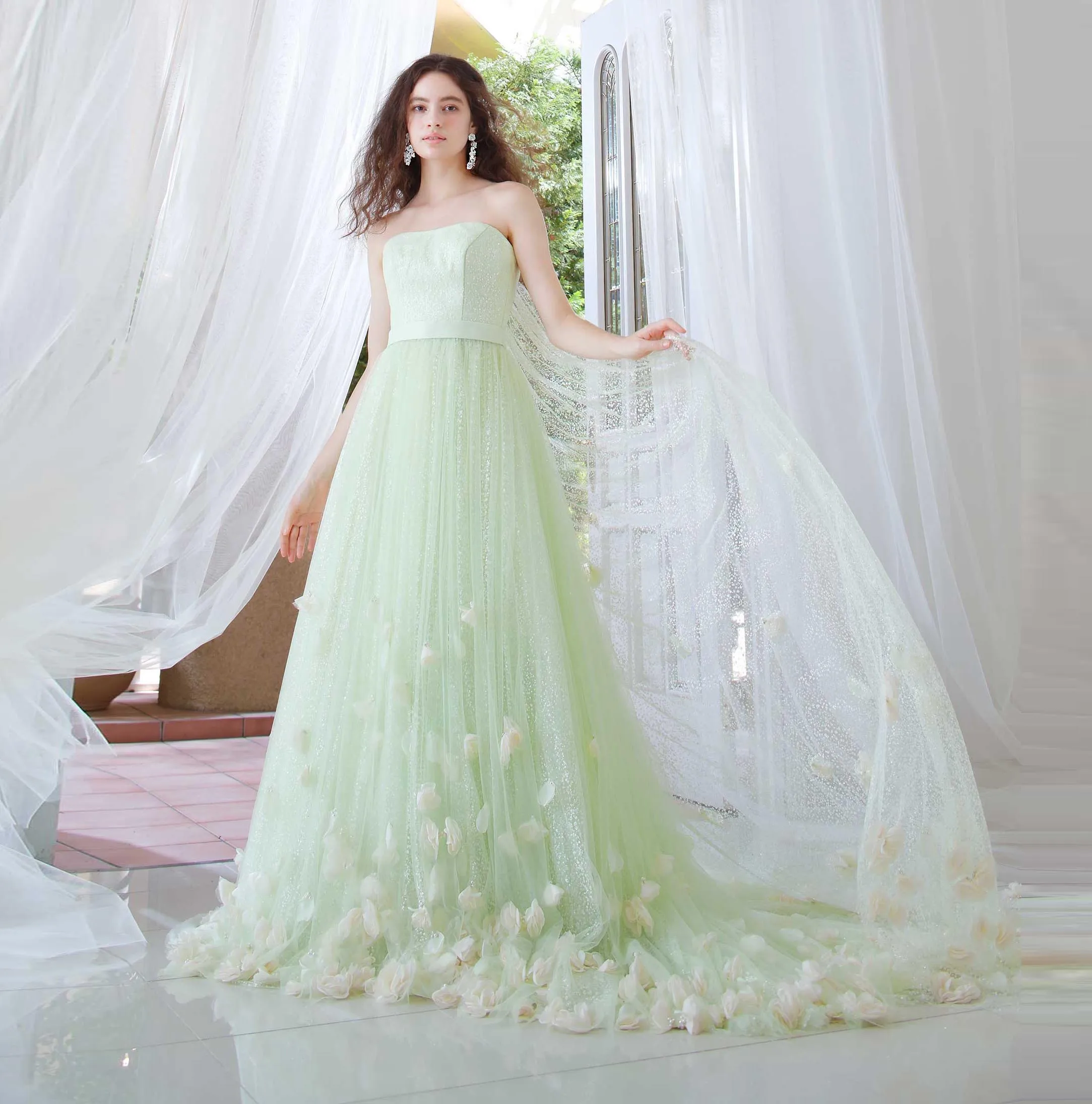 

Sage Green Sparkly Tulle A-Line Prom Dress Flowered Evening Dress With Trian Ever Pretty Wedding Dresses Strapless Floral Dress