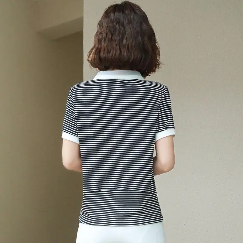 Блузка женская в полоску с коротким рукавом и воротником Питера Пэна весна-лето