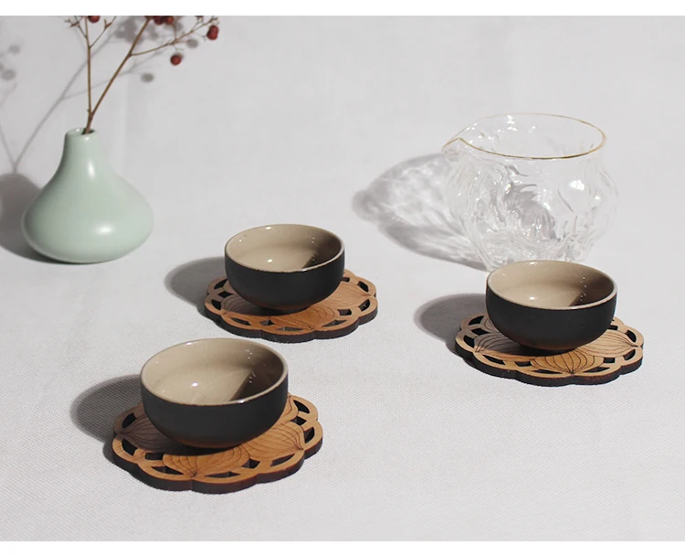 

Nature Bamboo tea accessories coasters decorative small pieces Carving lotus