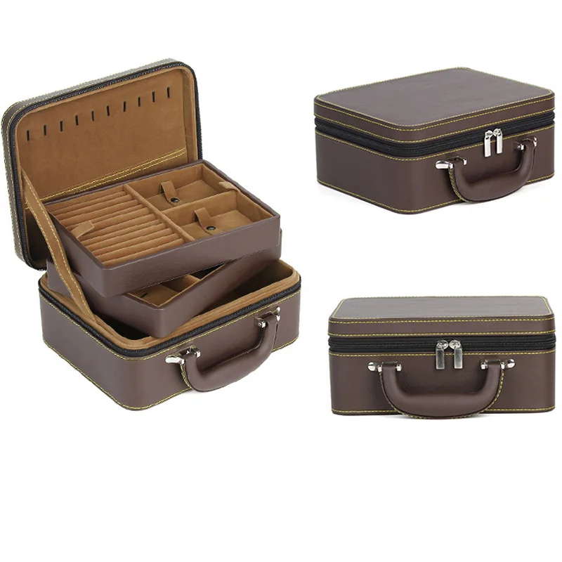 Luxurious Leather Detachable 2Layers Pendant Necklaces Ring Jewelry Organizer Box Portable Travel Storage Box Suitcase Available