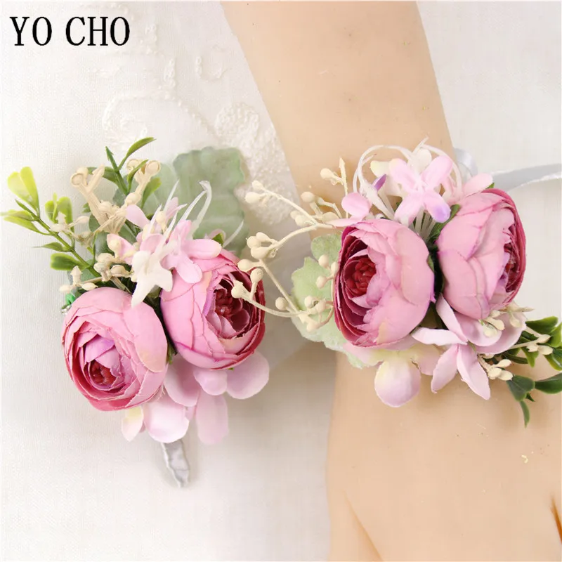 

YO CHO Silk Roses Corsage Men Boutonniere Flowers Wedding Wrist Corsages Bridesmaids Hand Flowers Marriage Dress Corsage Brooch