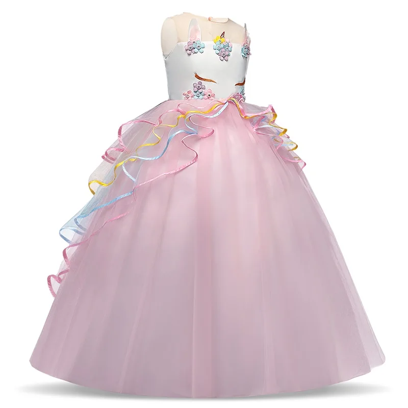 

Unicorn Cartoon Pattern Clothes Princess Halloween Dress for Girls Kids Baby Girl Flower Beading Long Gown Clothing Size 5-14yrs