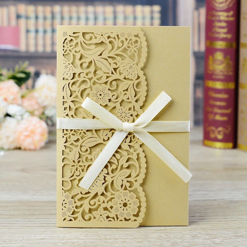 

1pcs Sample Laser Cut Wedding Invitation Card Lace Flower Greeting Card Customize With RSVP Card Ribbon Wedding Party Supplies