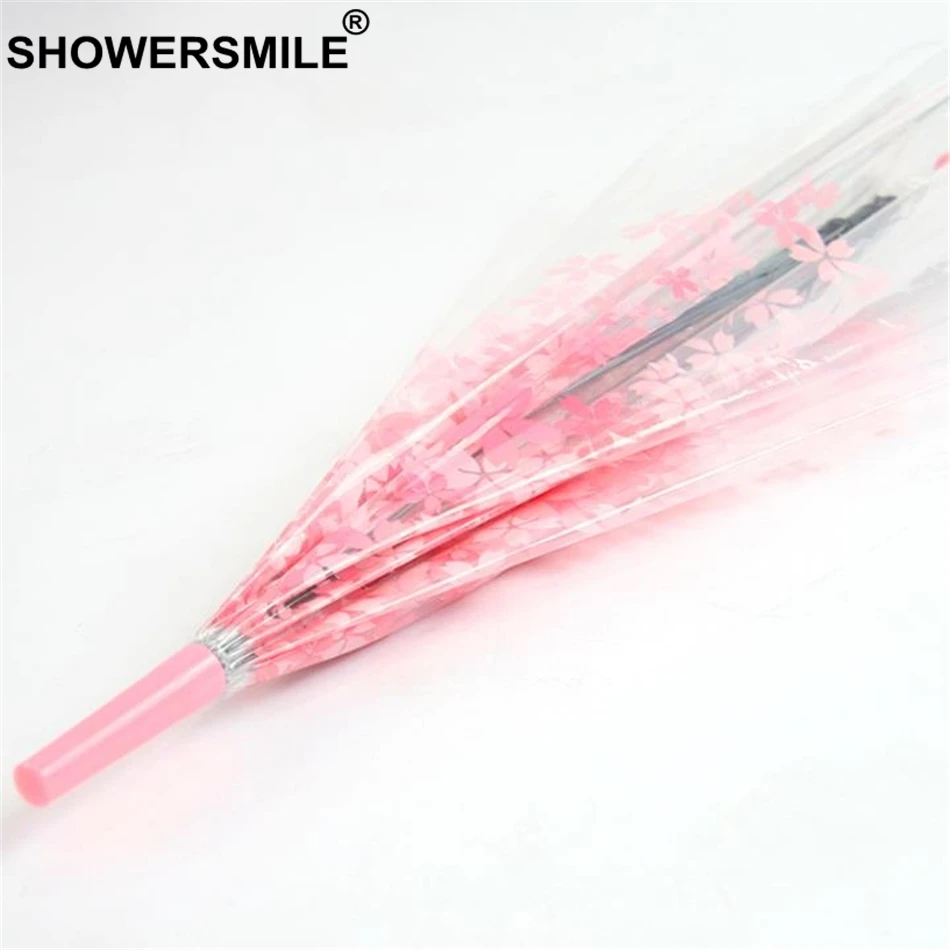 

SHOWERSMILE Sakura Flower Transparent Umbrella For Women Pink Long Handle Romantic Cage Umbrella Rain Birdcage Wedding Parapluie