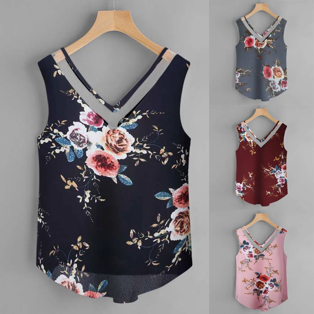 Женские цветочные топы Летние повседневные короткие футболки без рукавов топ с
