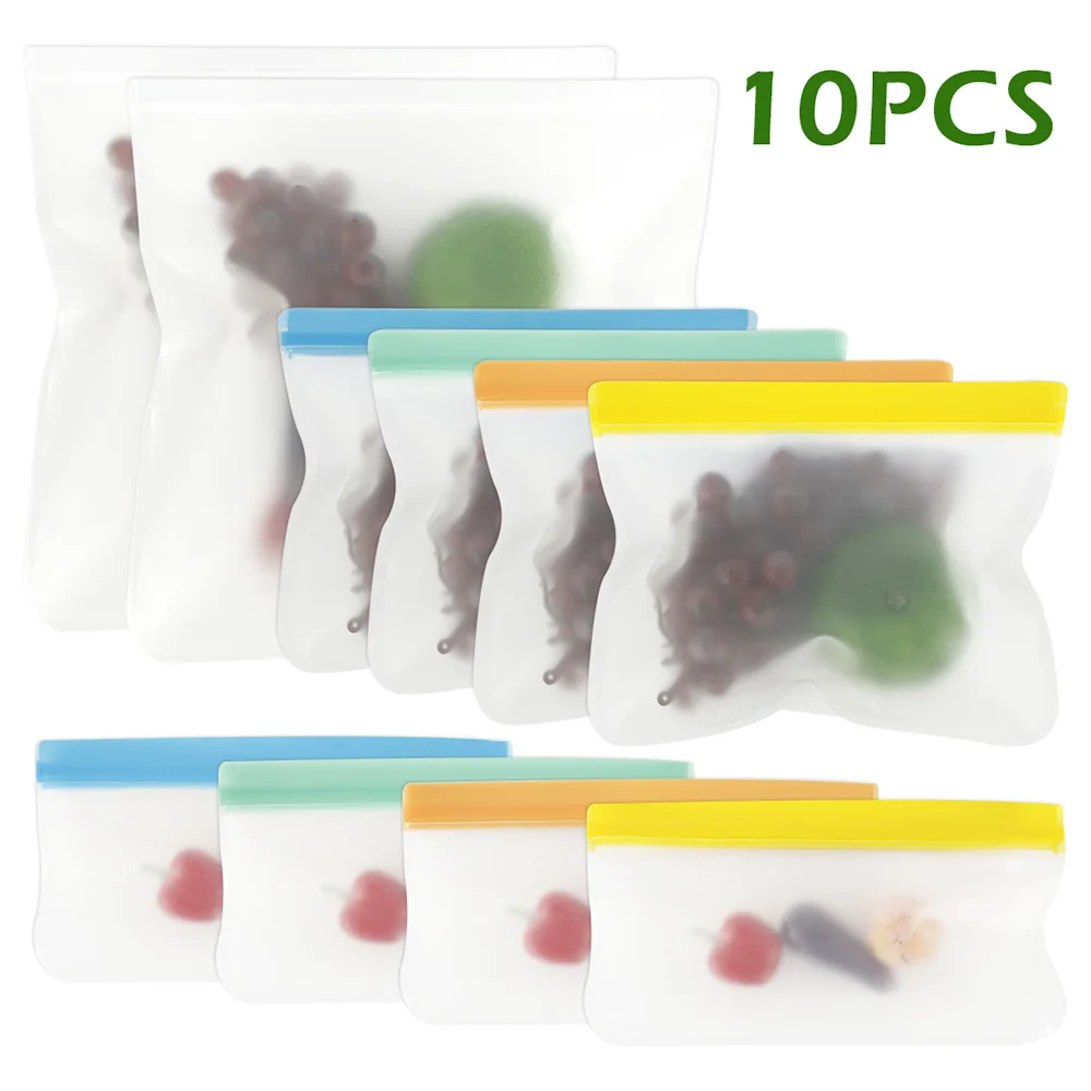 

10 Pcs PEVA Food Fresh Bags Reusable Silicone Ziplock Bag Leakproof Refrigerator Saran Wrap Transparent Pocket for Kitchen Tool