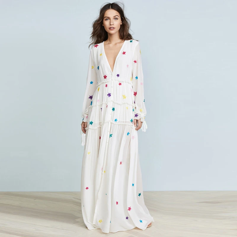 

Summer new women's bohemian V-neck long dress retro embroidery fashion cardigan dress seaside travel beach was thin dress