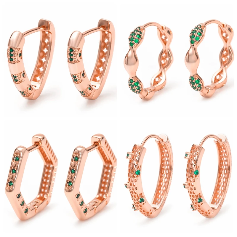 

ESSFF 8 Styles Rose Gold Plated Piercing Earrings for Women Green CZ Fashion Noble Hoop Earings Girls High Quality Jewelry