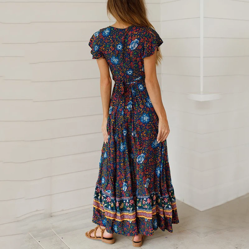 

Spring summer print dress women split V-neck bohemian dress belt floral long party dress new holiday vestidos female clothes