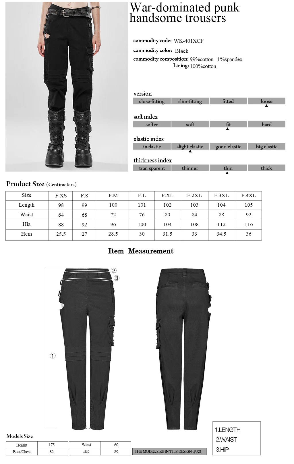 

PUNK RAVE Women's Punk Style War-dominated Handsome Trousers Denim Fabric Side Hollow Out Loose Straight Pants