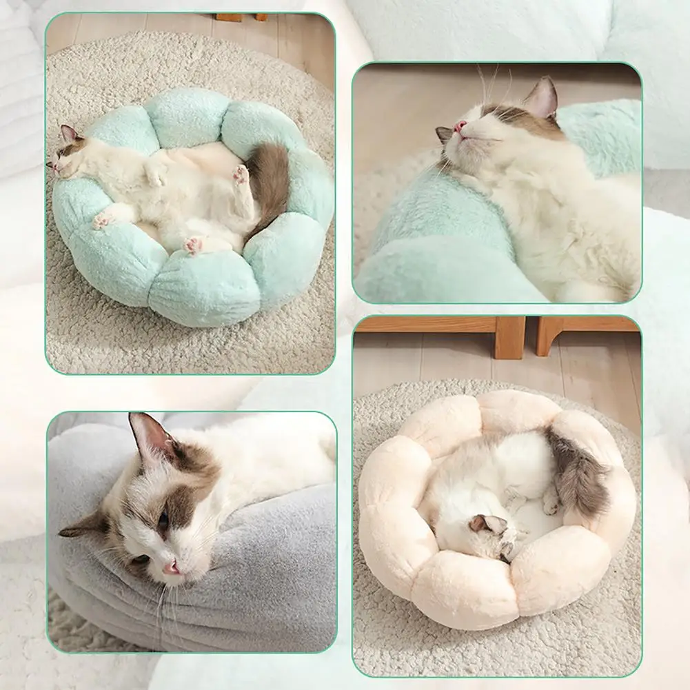 

Pet Cat Kennel Soft Mattress Waterproof Comfortable Bed Round Petal Sleeping Bag Lazy Cushion Cat House Warm Winter Sofa Basket