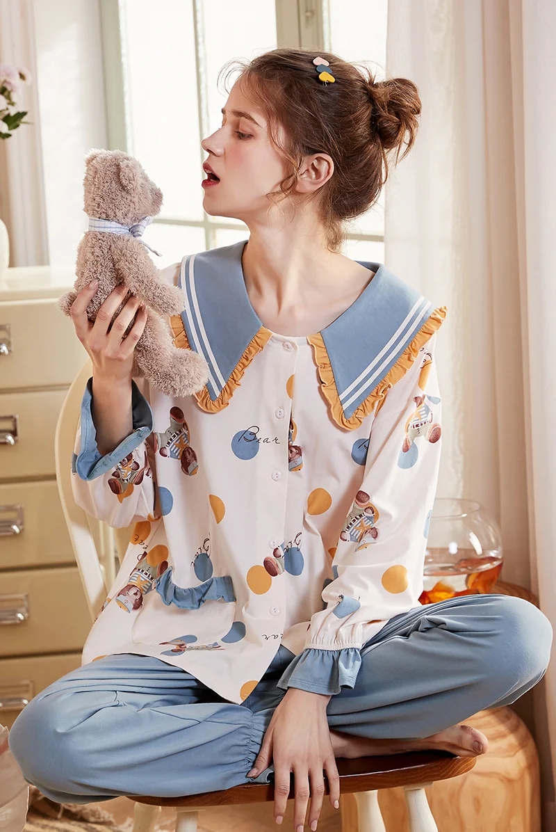 

Cotton Pajamas for Women 2021 Spring/Autumn Long-Sleeved Cartoon Casual Cardigan Nightwear Sweet Cute Girl Homewear 2 Piece Set