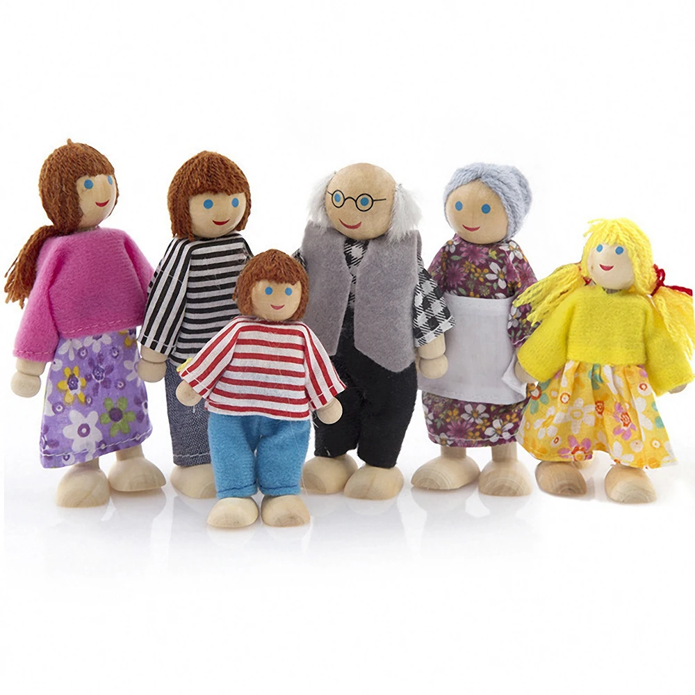 

6/7 People Happy Family Dolls Set Wooden Jointed Dolls Kids Pretend Toys Cute Family Dressed Characters Playing Dolls