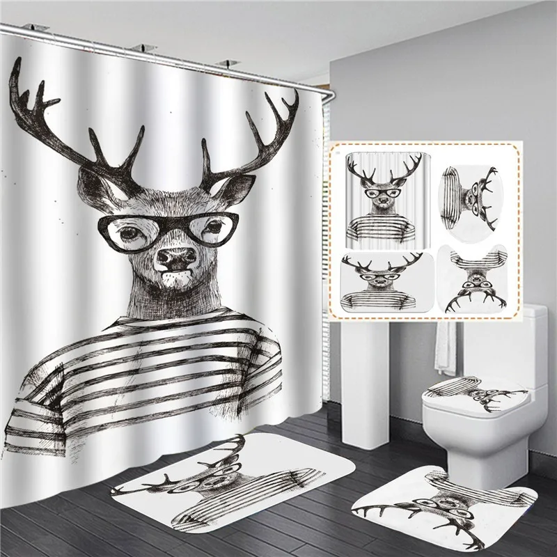 waterproof polyester shower curtain with hooks partition bathroom decoration toilet four piece non slip toilet floor mat doormat free global shipping