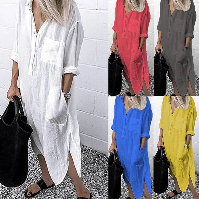 

2021 Women Lapel Long Sleeve Autumn Shirt Dress Cotton Split Dresses Elegant Solid Work Office Vestidos Female Tunic Robe