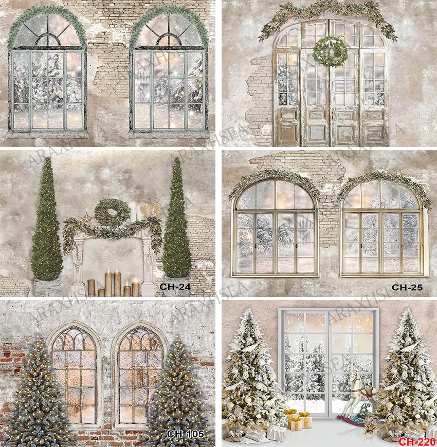 

Photography Background Christmas Old Brick Wall Vintage Door Wreath Window Newborn Baby Party Portrait Backdrop Photo Studio