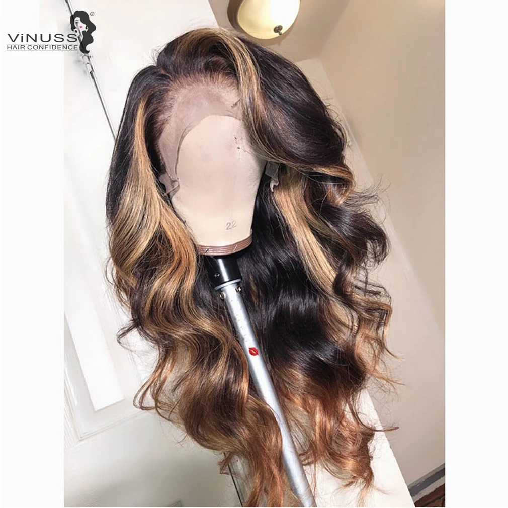 

Honey Blonde Highlight 1B#/27# Ombre Human Hair Wavy Wig HD Swiss transparent 13x6 Lace Front Wigs Peruvian Remy Bleached Knots