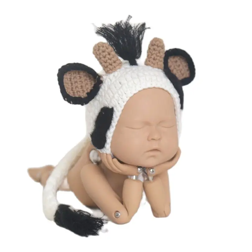 

Crochet Cow Hat And Knitted Stuffed Doll Photography Props Baby Girl Animal Bonnet Toy Set Angora Teddy Bear Newborn Boy Cap
