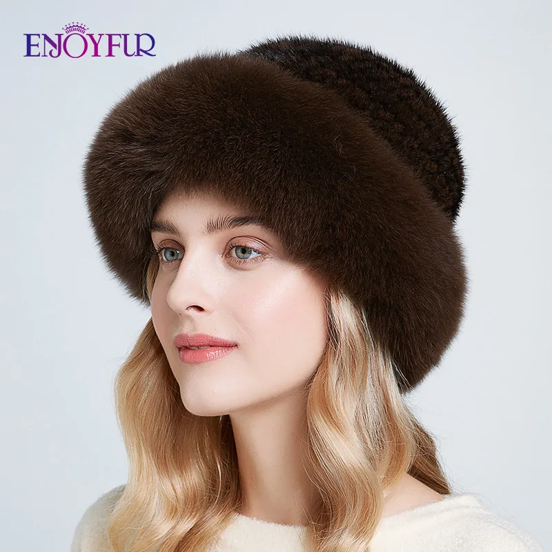 ENJOYFUR шапки из натурального меха, зимние шапки для женщин, шапка из натурального меха норки с мехом лисы, новые русские вязаные шапки - Цвет: 02
