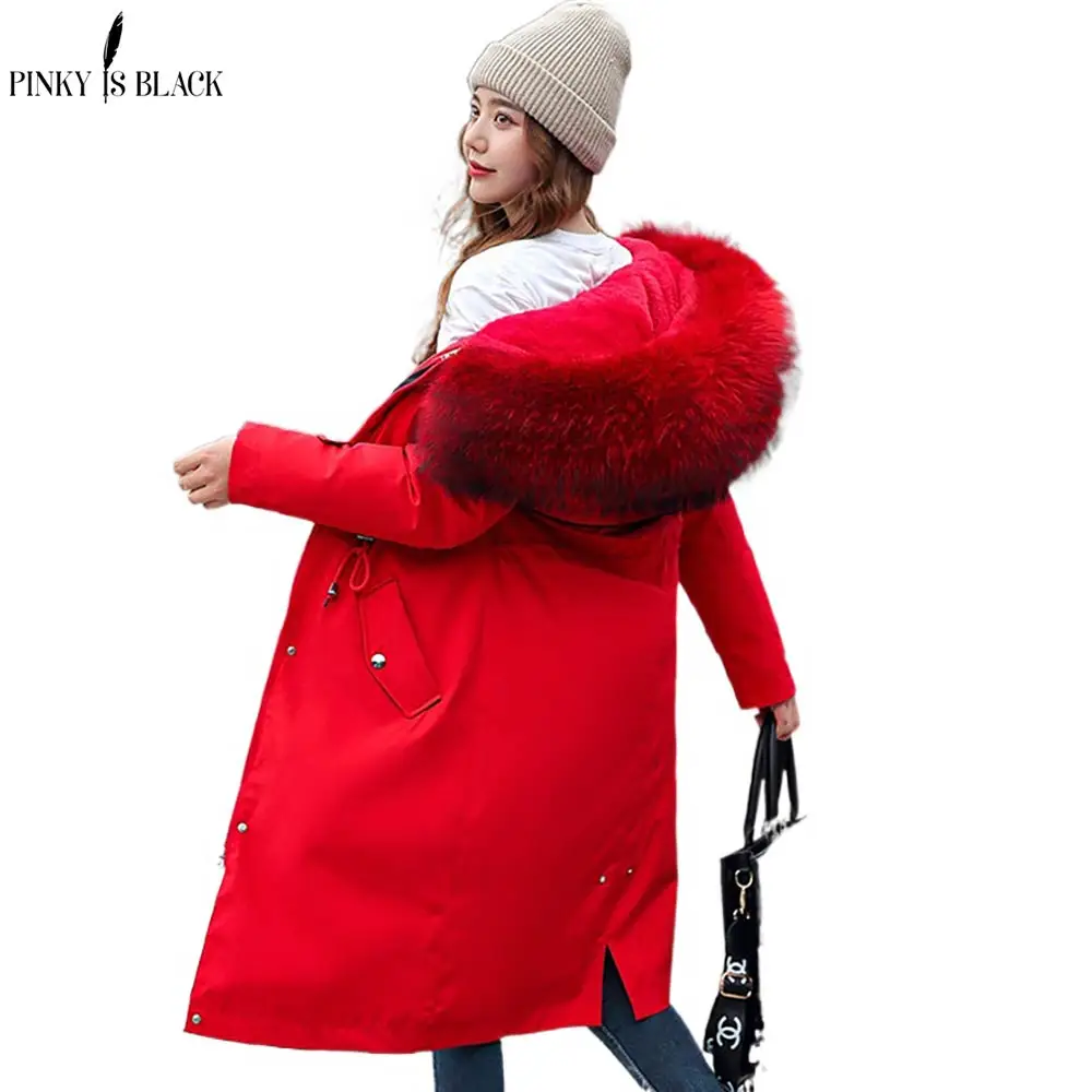 PinkyIsBlack Fur Collar Long Hooded Parkas New Winter Jacket Women Big Pocket Removable Wool Liner Three Ways Wear Winter Coat