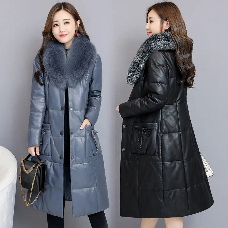 

Dames Jassen Winter New PU Leather Cotton-padded Jacket Women Mid-length Imitation Fox Fur Collar Slim Manteau Femme Hiver Coat