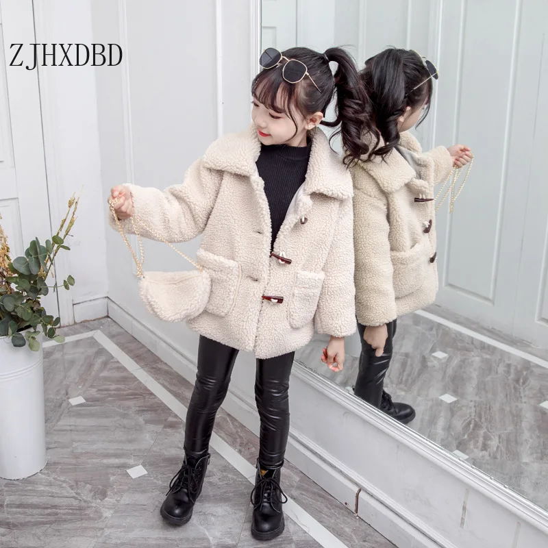 2020 Winter Girls Wool Jackets Turn-down Collar Horn Button Kids Baby Girl Coats Infant Outerwear Outfits Children Clothes | Детская