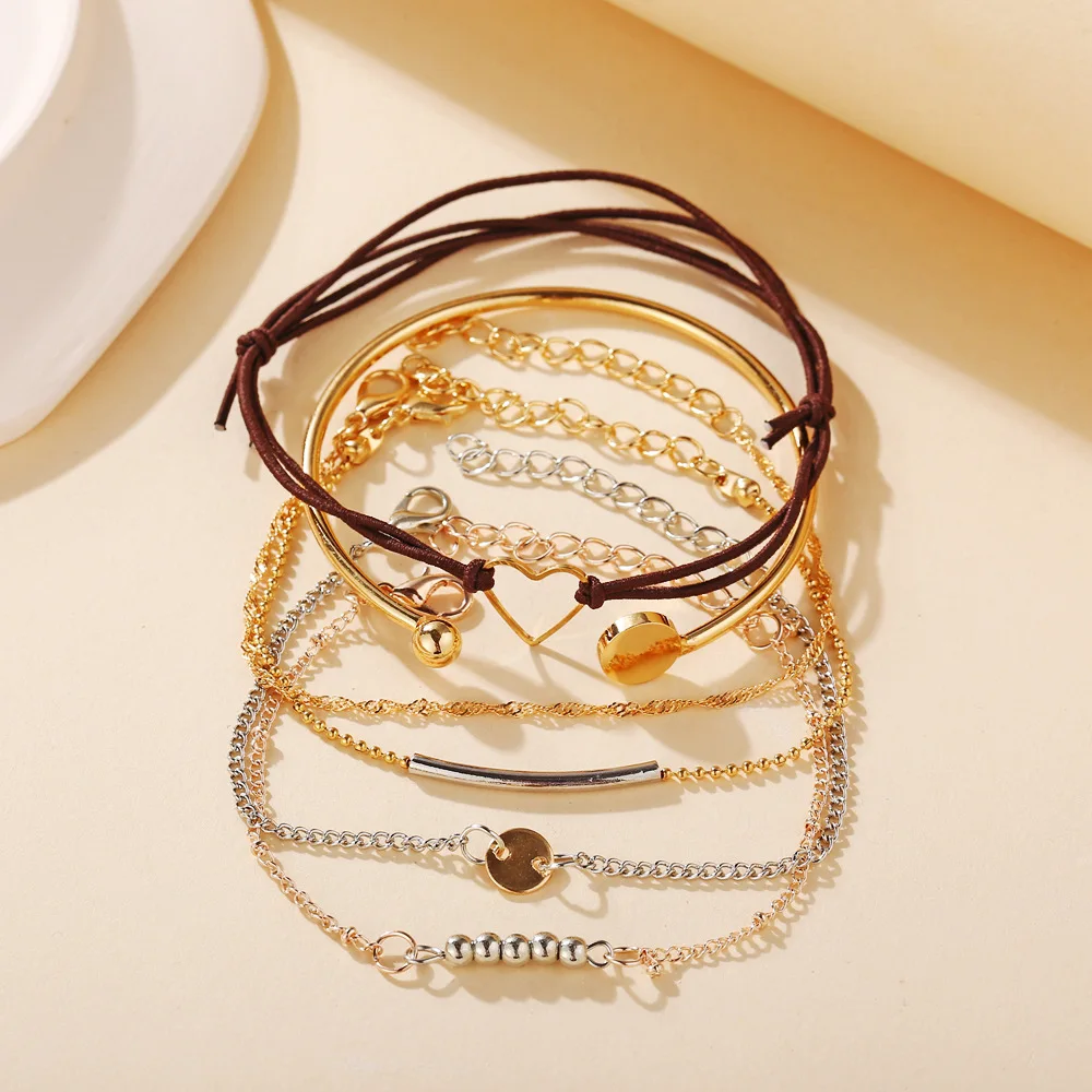 

6PCS/Set Bohemian Geometric Bead String Multi Layer Bracelets Charm Adjustable Braided Rope Hollow Love Bangles for Women Gifts