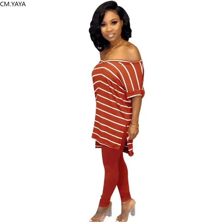 Осенне летний женский костюм в полоску с v образным вырезом футболка брюки