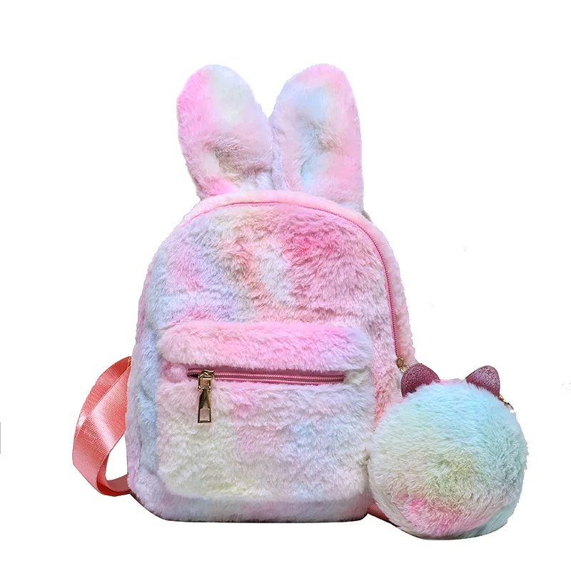 

2021 Cute Girl Plush Backpack Fashion All-match Woolly Backpack Cartoon Rabbit Ears Student Backpack Plush Backpack+ Purses