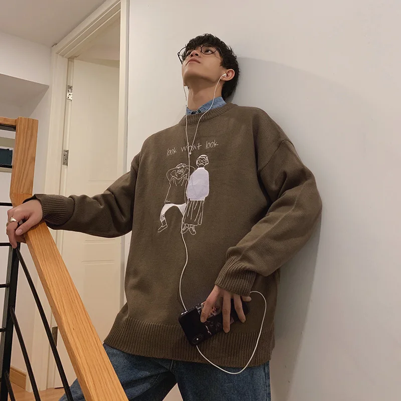 Мужской пуловер с круглым вырезом повседневный свободный свитер вышивкой серого