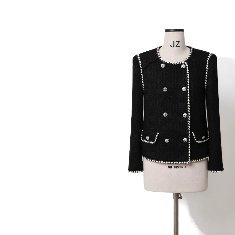 

Женская твидовая двубортная куртка, черная шерстяная официальная куртка с цепочками, верхняя одежда, осень-зима 2020