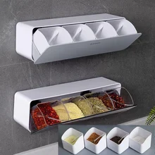 4 In 1 Wall-mounted Seasoning Box Salt Pepper Spice Rack Jar Sugar Bowl for Kitchen Gadget Device Sets Spice Box Organizer Tool
