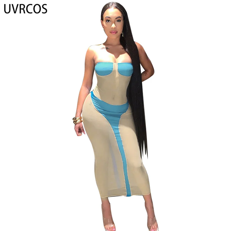 

UVRCOS Dress Women Elegant Summer Sleeveless Sexy Mujer 2021 Short Robe Two Color Patchwork Backless Strapless Fashion Sundress