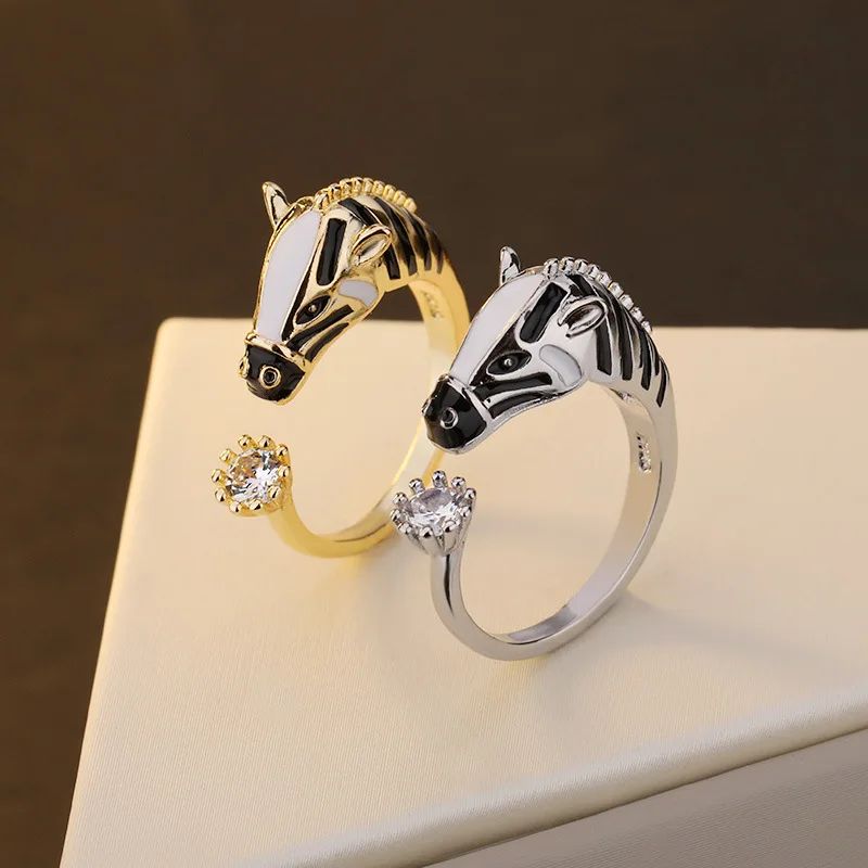 

Fashion Gold Color Zircon Crystal Ring Animal Shape Zebra Ring Horse Head Opening Adjustable Party Rings for Women Girls