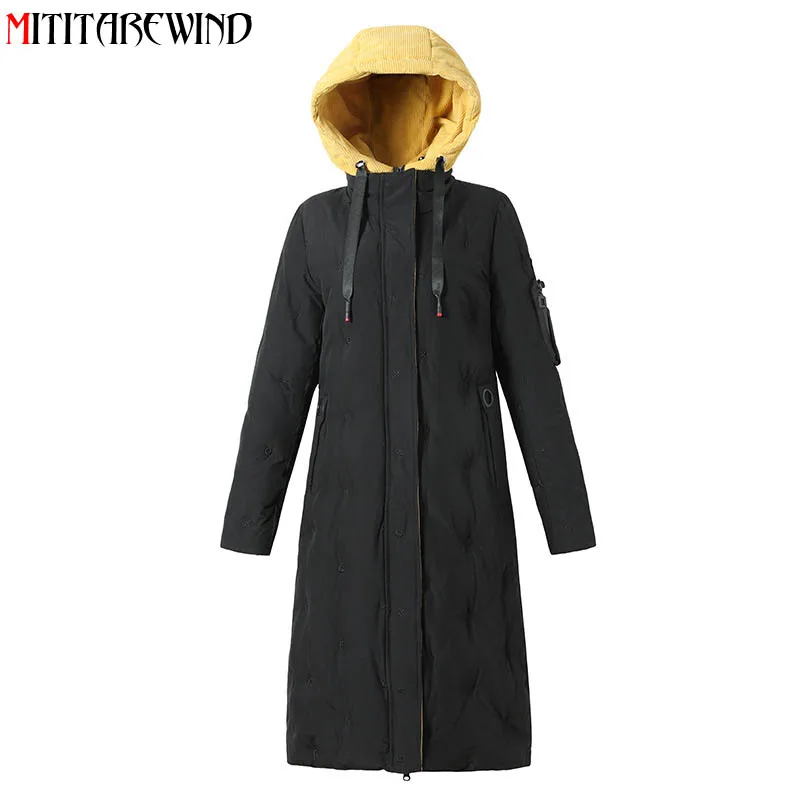 

Winter Jacket Women Patchwork Color Hooded Collar Windbreaker Coat Women Long Keep Warm Letter Embroidery Female Jacket Outwear