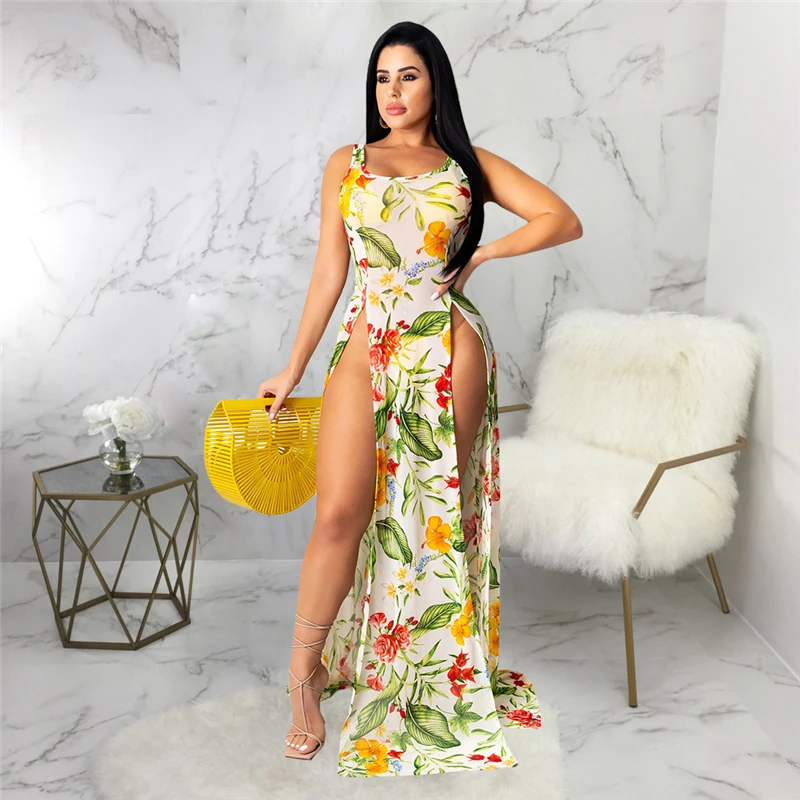 

Adogirl Leaf Floral Print Women Maxi Beach Dress Fashion Sexy Sheer Mesh O Neck Sleeveless High Slit Long Night Club Party Dress