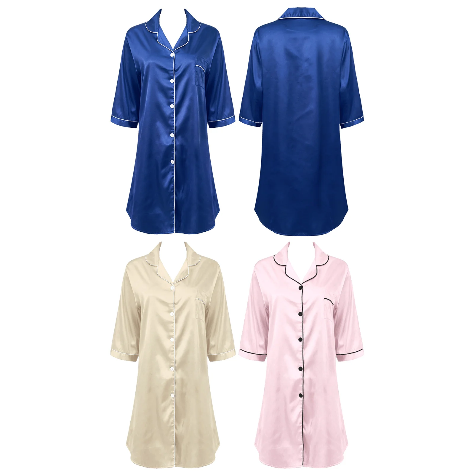 Women 3/4 Sleeve Satin Nightgown Nightshirt Sexy Button Down Turn-Down Collar Sleepshirt Nightdress