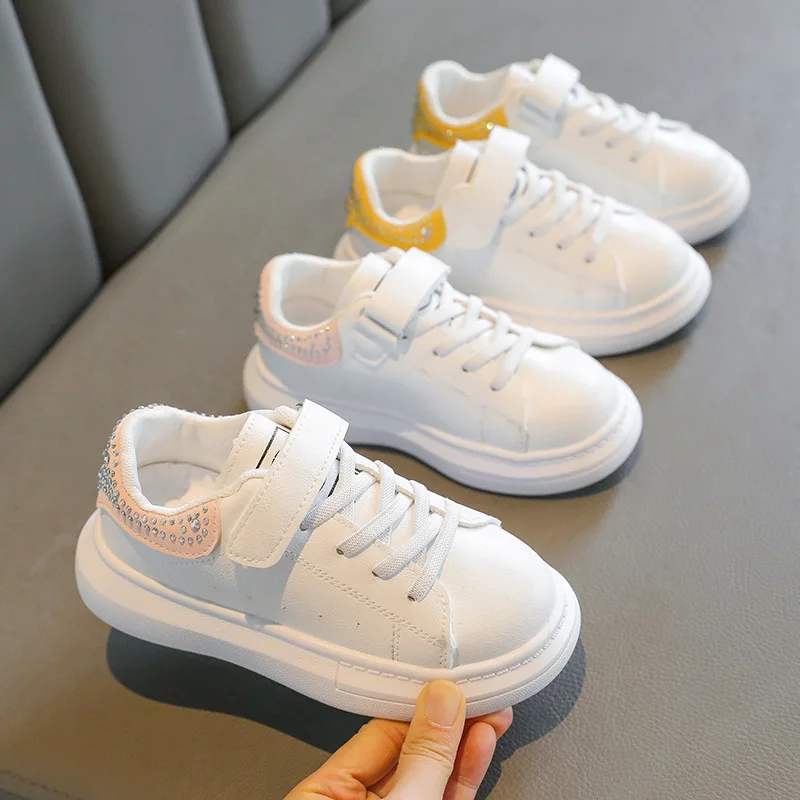 

Кроссовки из ПУ кожи для девочек, повседневная Нескользящая дышащая мягкая обувь с блестящими стразами, на липучке, белые