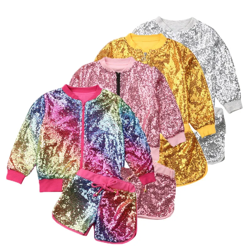 

Fashion Girls Sequins 2Pcs Set Clothes Toddler Kids Zipper Slim Jacket Tops+Lace Up Shorts Children Gorgeous Outfits 1-6T
