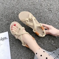 2021 womens sandals summer new flat bottom grass woven sandals fashion cross strap beach woman shoes female comfort sandals