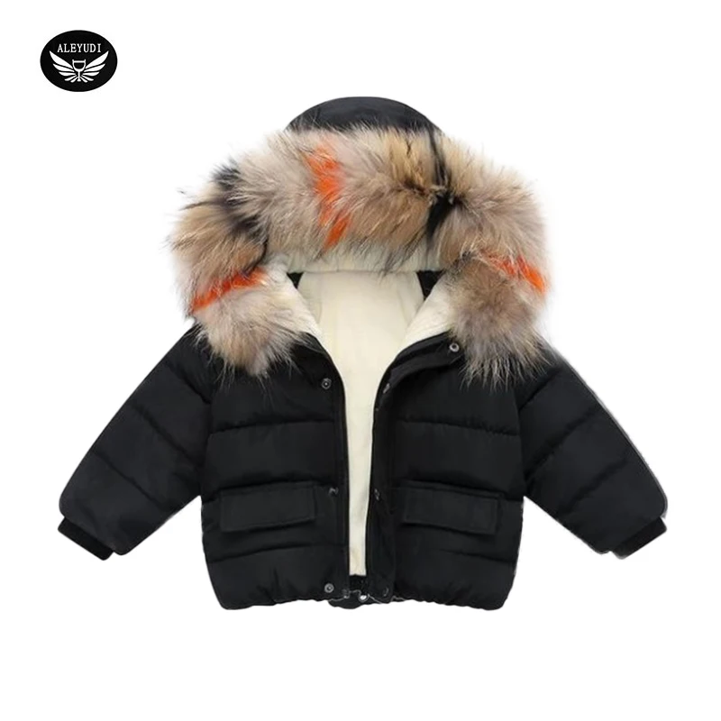 Winter Fashion Girls Big Fur Collar Down Jacket Cotton Boy Hooded Jacket Thickening Children's Warm Cotton Jacket 3-8 years old