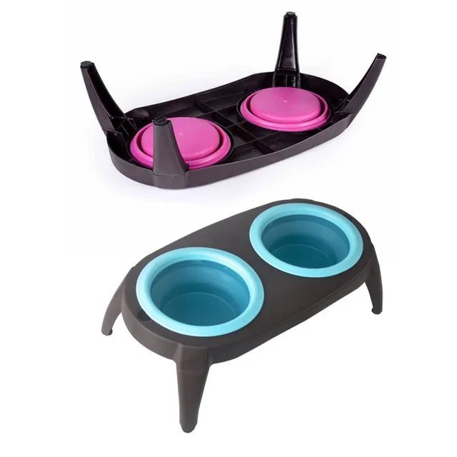 Pet Double Bowl Silicone CollapsiblePet Feeding Bowl Removable Drinking Water Food Feeder With Raised Stand Pet Produc 2021 New